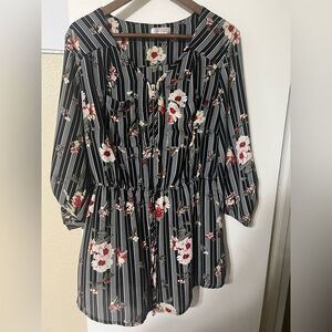 Stella Tweed Black and White Floral Tunic Blouse Sz 1X Classic Chic Minimalist